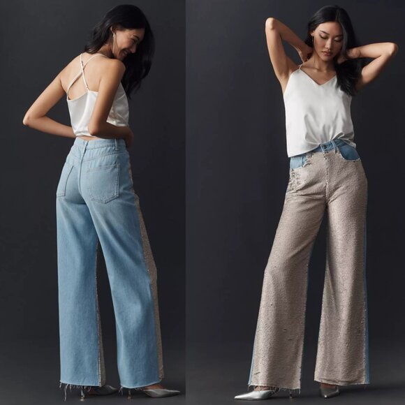 ANTHROPOLOGIE Pilcro Sequin High-Rise Wide-Leg Skater Jeans 28 blue nwt - Picture 1 of 5